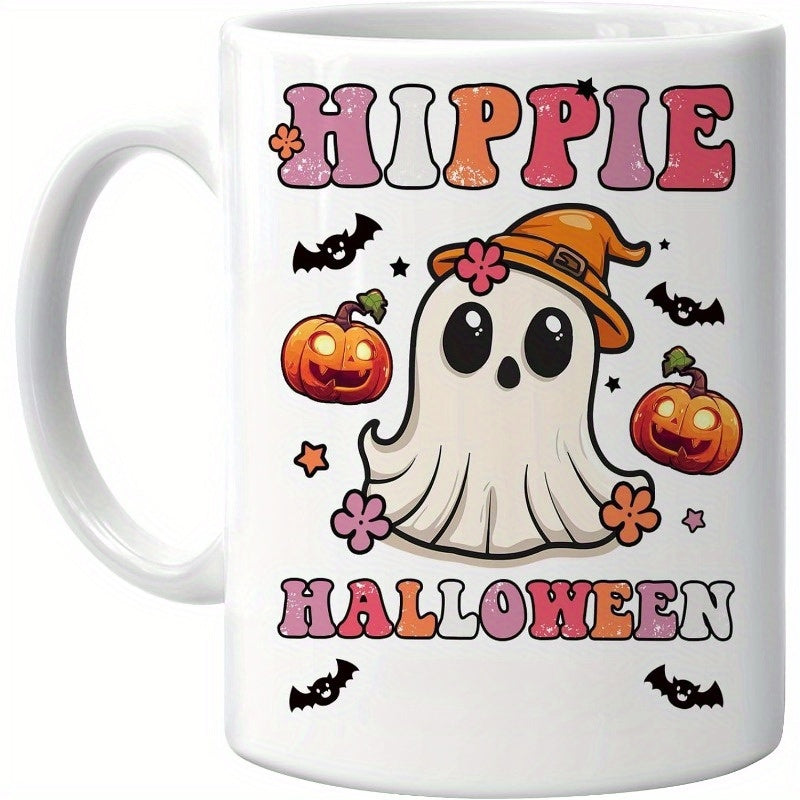 Tailorly White Ceramic 11 oz Mug - Hippie Halloween Retro Groovy Spirit Wearing Witch Hat Among Pumpkins And Bats Ghost