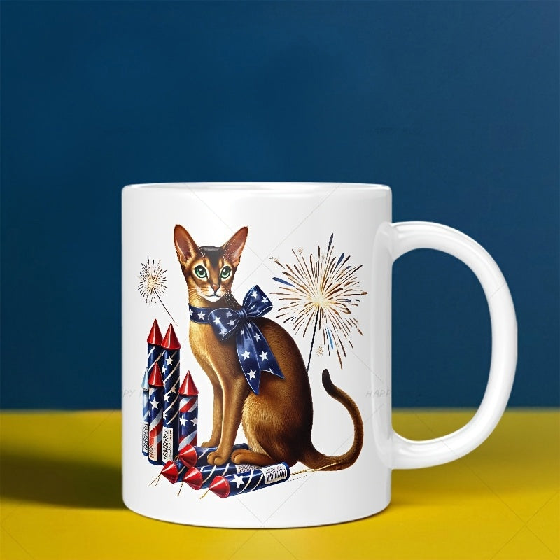 Tailorly White Ceramic 11 oz Mug - Elegant Patriotic Feline Sitting Among Sparkling Fireworks And American Themed Rocket Cat