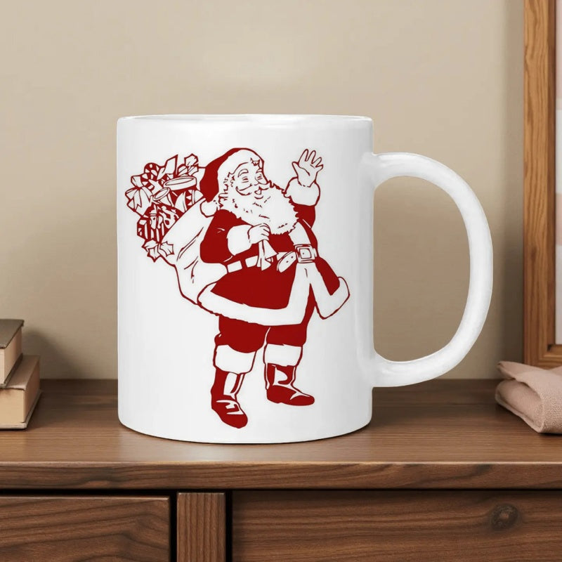 Tailorly White Ceramic 11 oz Mug - Vintage Red Outline Style Waving Christmas Figure Carrying Bag Of Gifts Santa