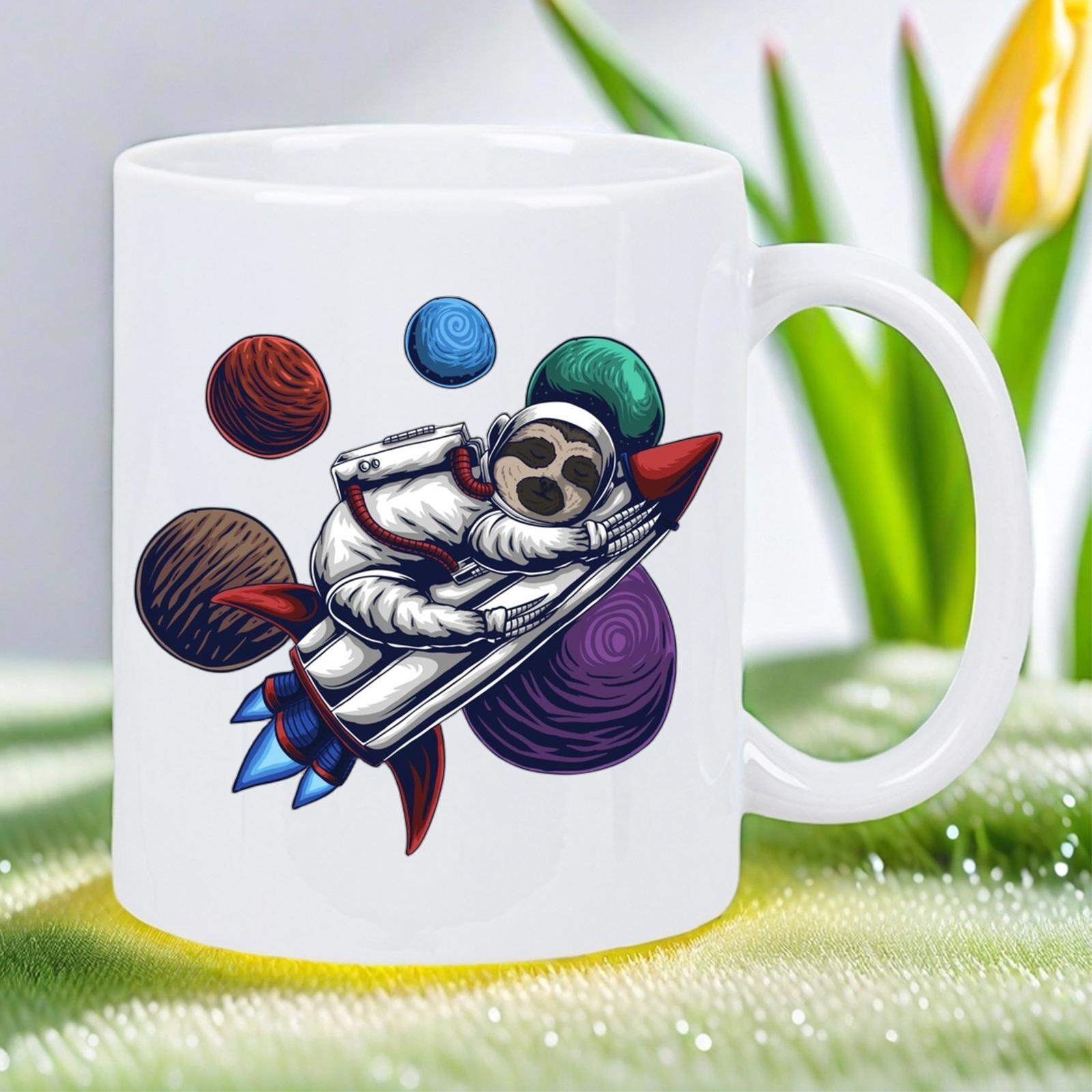 Tailorly White Ceramic 11 oz Mug - Cute Sloth Riding A Silver Rocket Among Colorful Cosmic Planets Astronaut