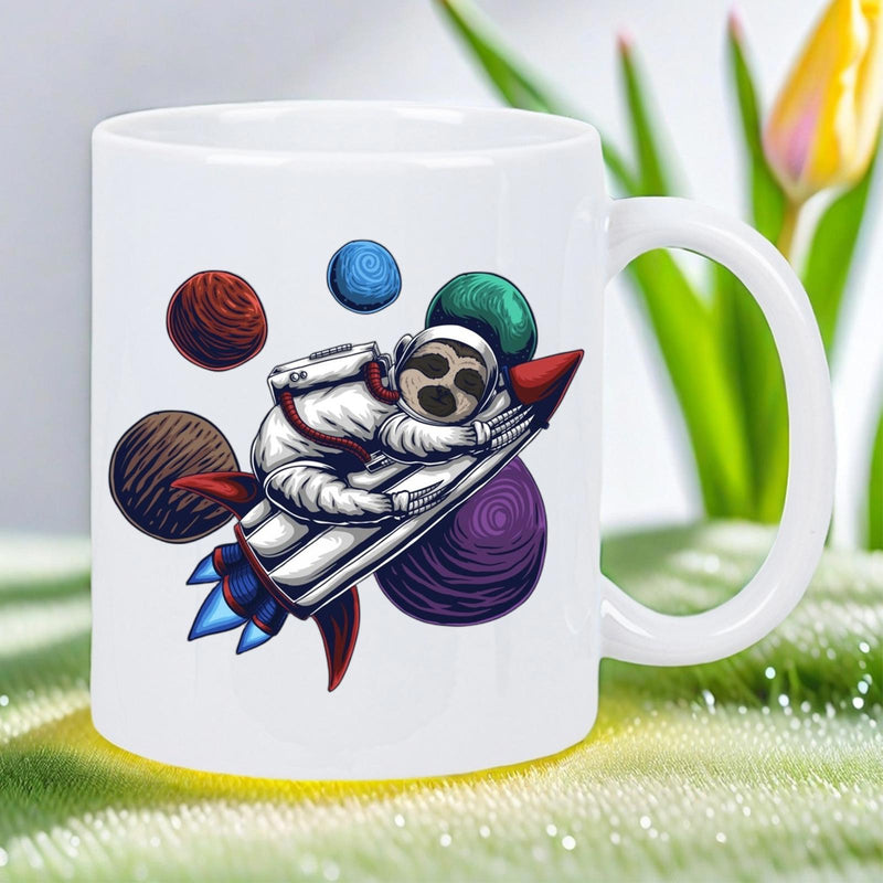 Tailorly White Ceramic 11 oz Mug - Cute Sloth Riding A Silver Rocket Among Colorful Cosmic Planets Astronaut