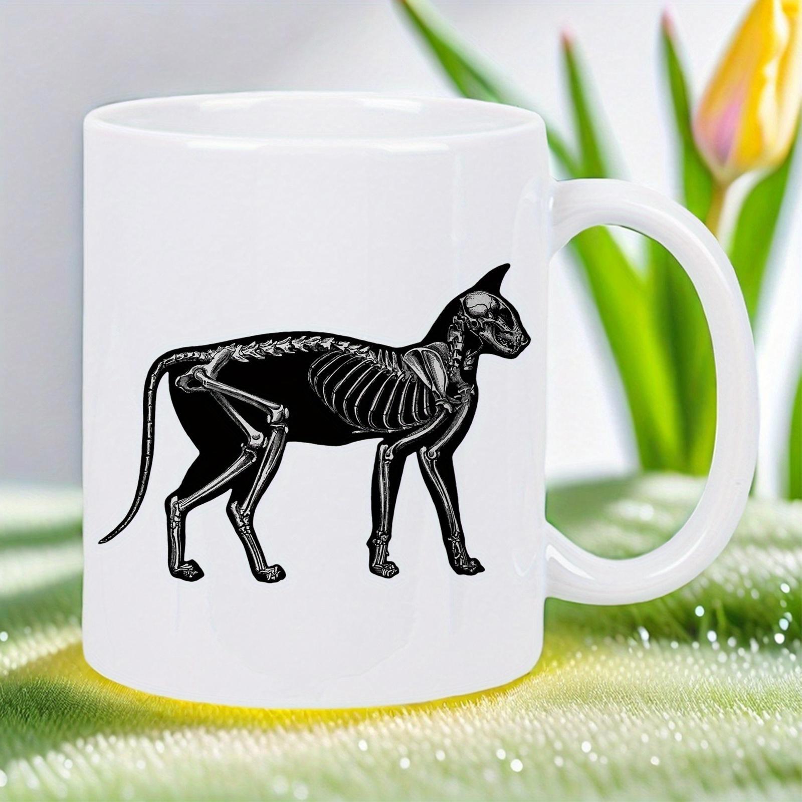 Tailorly White Ceramic 11 oz Mug - Intricate White Anatomical Skeleton Structure Over A Standing Black Feline Cat