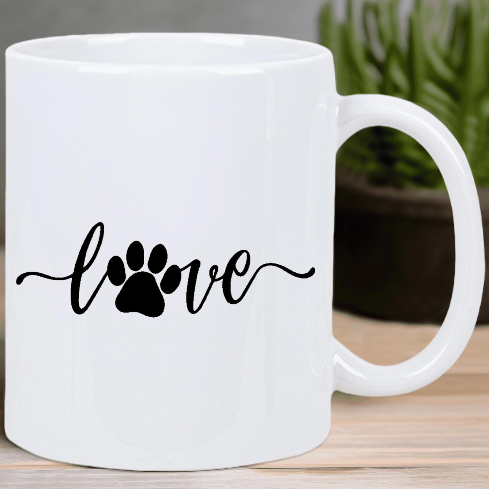 Tailorly White Ceramic 11 oz Mug - Love Elegant Black Cursive Script Integrated With A Cute Animal Paw Paw