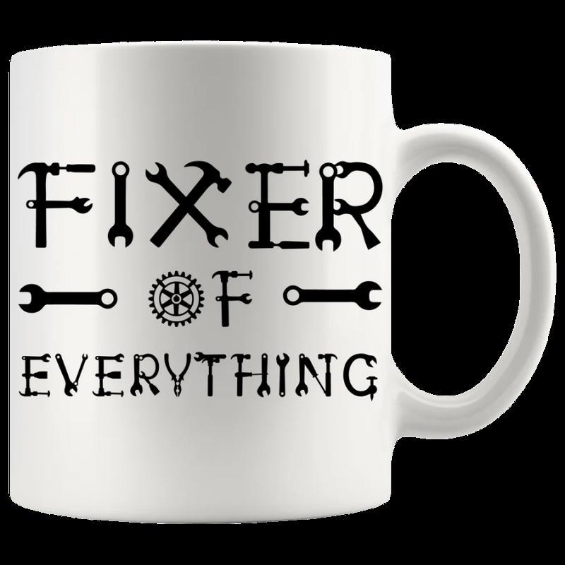 Tailorly White Ceramic 11 oz Mug - Fixer Of Everything Industrial Black Hardware Tools Formed Into Creative Handyman Typography Design Wrench