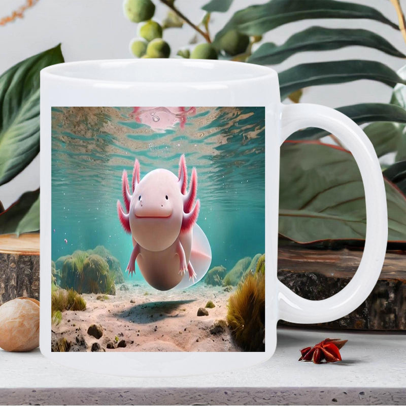 Tailorly White Ceramic 11 oz Mug - Cute Pink Axolotl Swimming Through Serene Underwater World With Aquatic Plants Axolotl