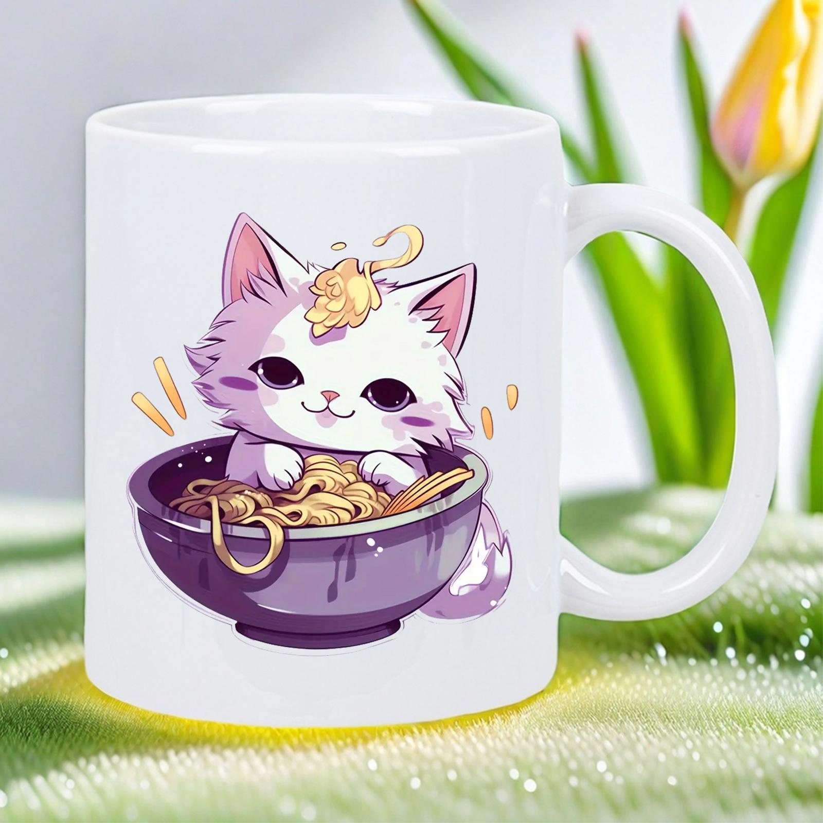 Tailorly White Ceramic 11 oz Mug - Adorable Purple Cartoon Cat Eating Noodles Inside A Steaming Bowl Of Ramen Cat