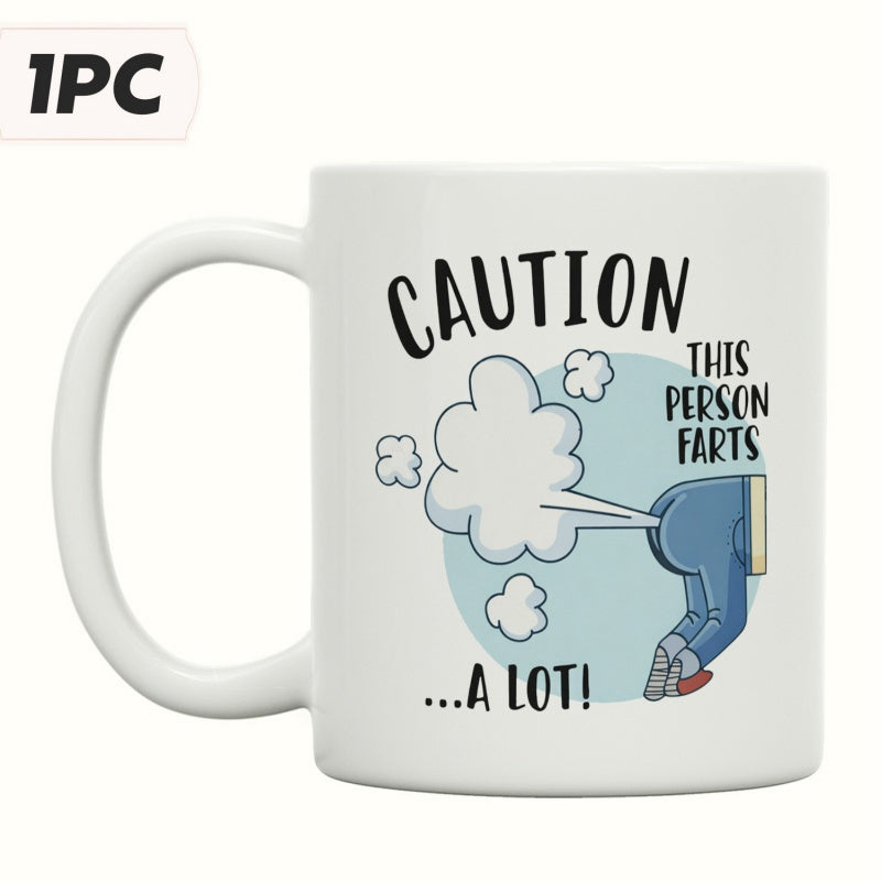 Tailorly White Ceramic 11 oz Mug - Caution This Person Farts A Lot Funny Cartoon Character Emitting Gas Cloud Against Circular Background Mug