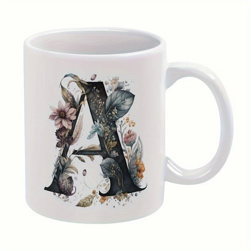 Tailorly White Ceramic 11 oz Mug - A Elegant Vintage Flowers Among Delicate Leaves And Soft Garden Greenery Letter