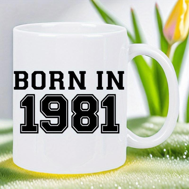Tailorly White Ceramic 11 oz Mug - Born In 1981 Bold Black Varsity Style Numbers Printed On A Clean