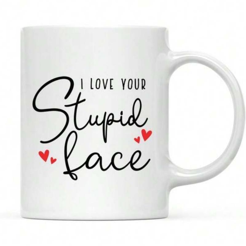 Tailorly White Ceramic 11 oz Mug - I Love Your Stupid Face Small Red Hearts Scattered Around Minimalist Hand Drawn Cursive Text Mug