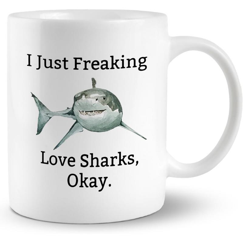 Tailorly White Ceramic 11 oz Mug - I Just Freaking Love Sharks Okay Realistic Great White Shark Swimming Forward With Sharp Teeth Shark