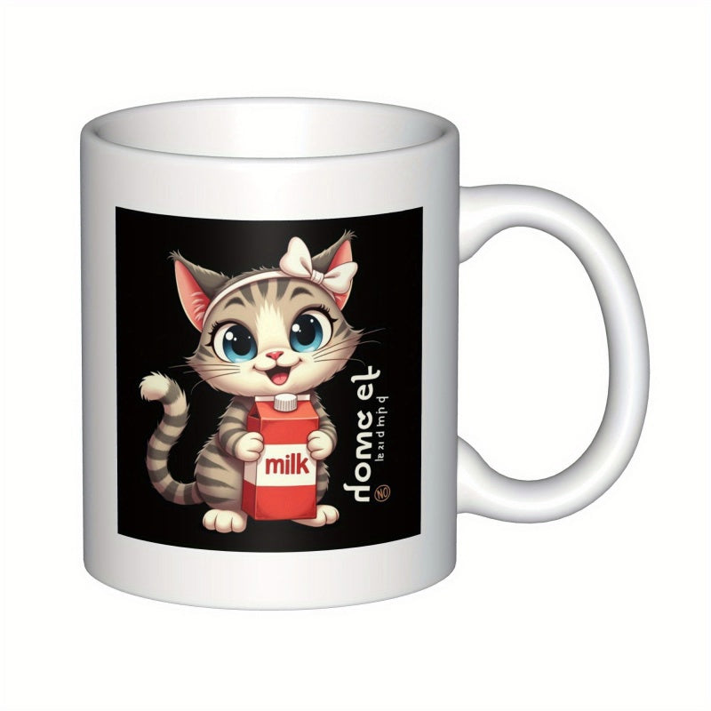Tailorly White Ceramic 11 oz Mug - Milk Adorable Grey Tabby With White Bow Holding Red Milk Carton Cat