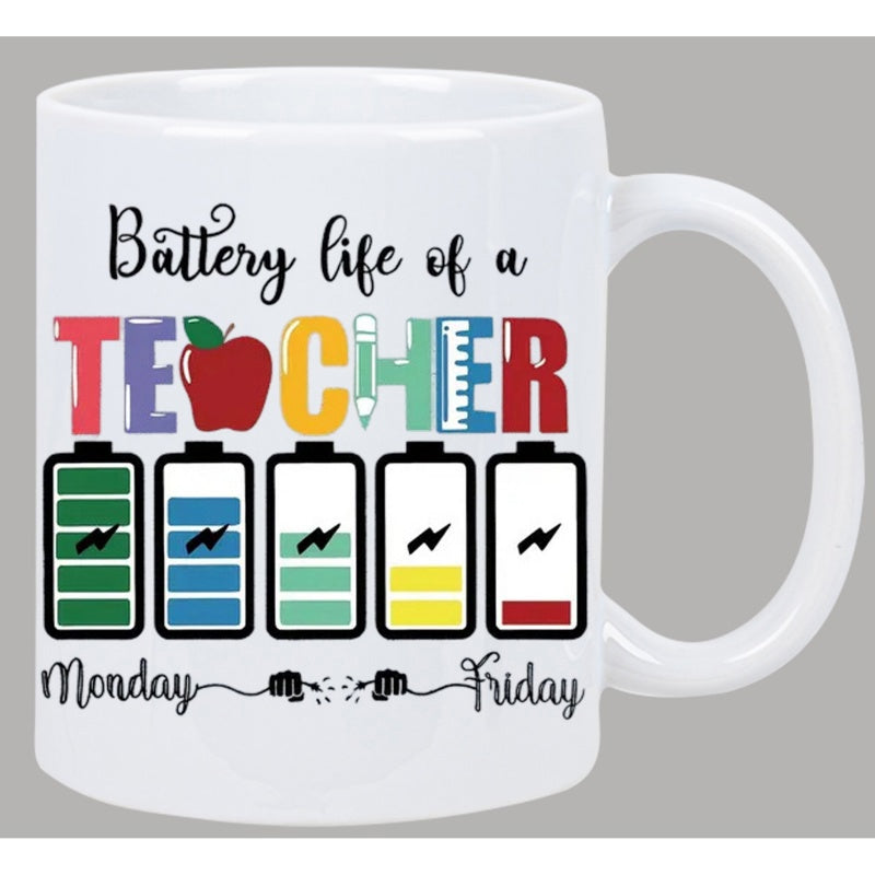 Tailorly White Ceramic 11 oz Mug - Battery Life Of A Teacher Monday Friday Vibrant Depletion Levels With Red Apple And School Supplies Pattern
