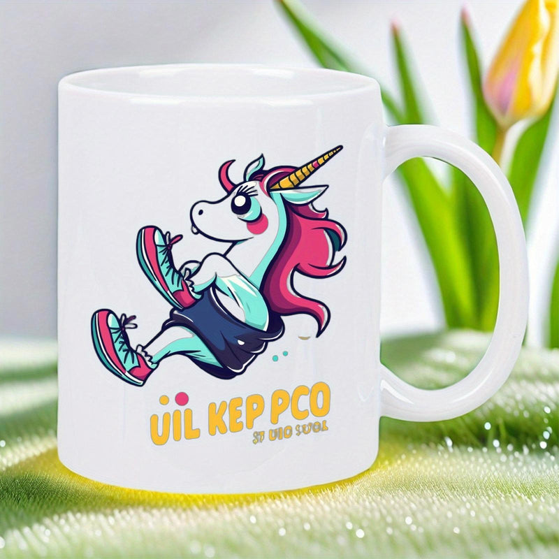 Tailorly White Ceramic 11 oz Mug - Whimsical Cartoon Creature Wearing Colorful Sneakers Among Magical Pink Mane Flowing Unicorn