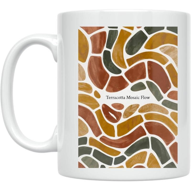 Tailorly White Ceramic 11 oz Mug - Terracotta Mosaic Flow Earthy Colored Abstract Stones Within Flowing Waves Of Artistic Organic Mosaic