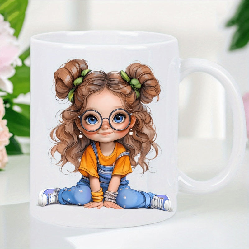 Tailorly White Ceramic 11 oz Mug - Charming Little Character With Brown Curly Hair Wearing Round Glasses Girl