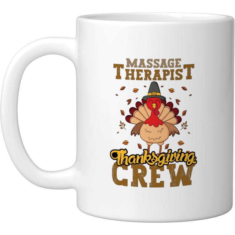Tailorly White Ceramic 11 oz Mug - Massage Therapist Thanksgiving Crew Wearing A Black Pilgrim Hat Surrounded By Small Falling Autumn Leaves Turkey