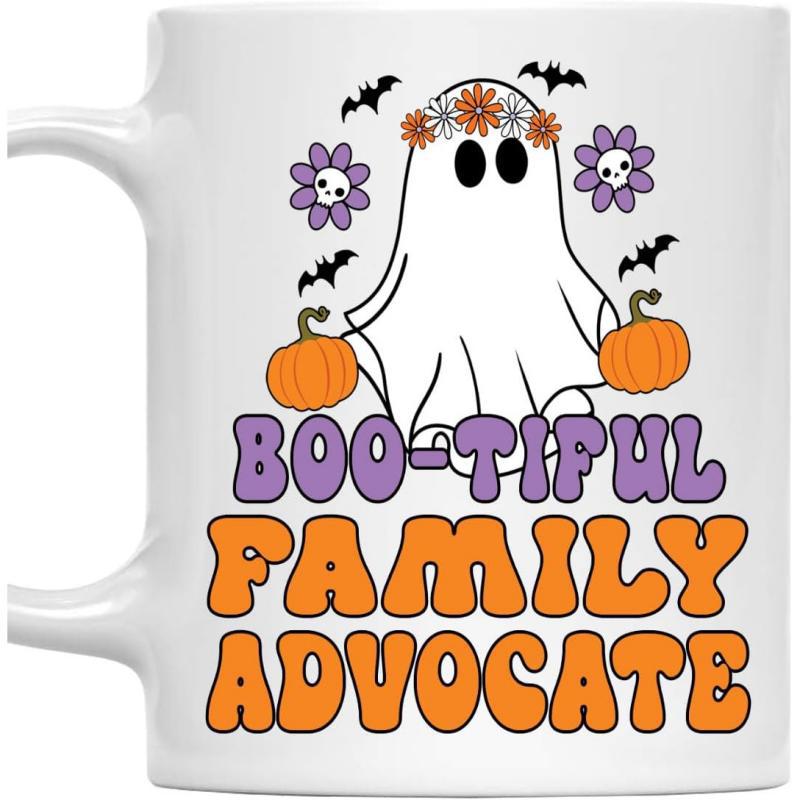Tailorly White Ceramic 11 oz Mug - Bootiful Family Advocate Adorable Smiling Ghost With Flower Crown Holding Two Orange Pumpkins Ghost