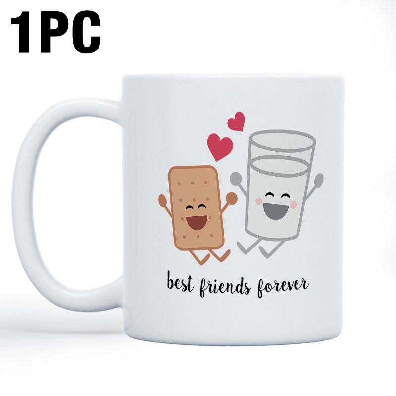 Tailorly White Ceramic 11 oz Mug - Best Friends Forever Cartoon Biscuit And Glass Of Milk With Floating Hearts And Smiles Mug