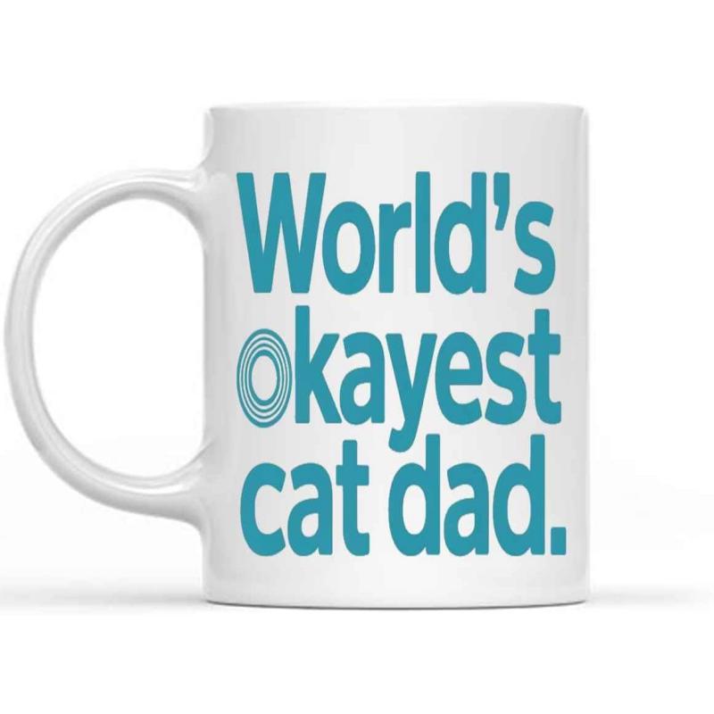 Tailorly White Ceramic 11 oz Mug - Worlds Okayest Cat Dad Simple Bold Teal Blue Lettering Centered On Smooth Mug
