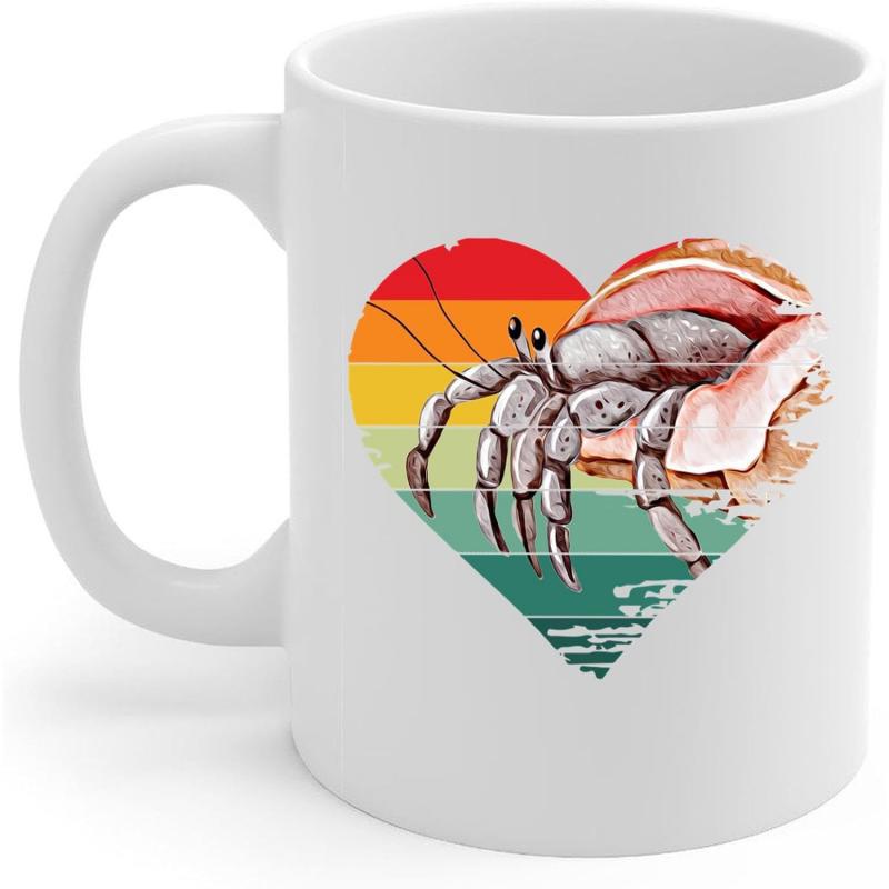 Tailorly White Ceramic 11 oz Mug - Vintage Retro Sunset Heart Background Featuring A Realistic Coastal Ocean Dwelling Hermit Crab
