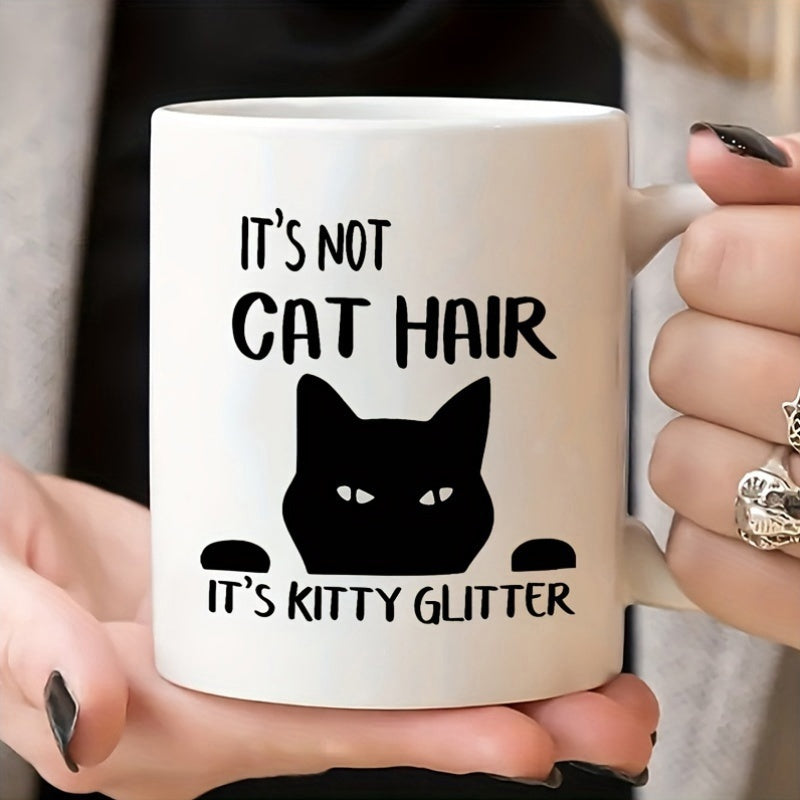 Tailorly White Ceramic 11 oz Mug - Its Not Cat Hair Its Kitty Glitter Peeking Black Feline Silhouette With Cute Tiny Paws Cat