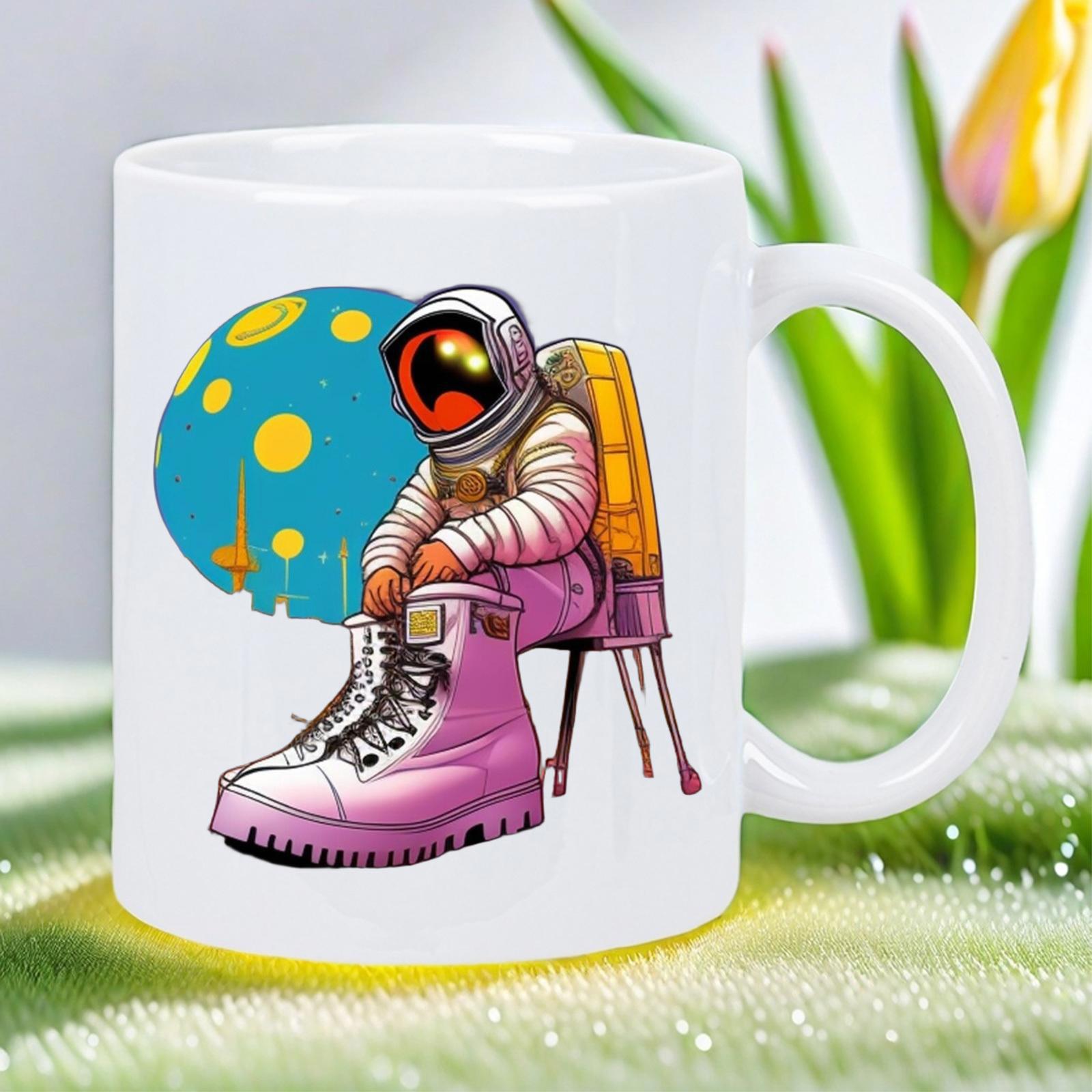 Tailorly White Ceramic 11 oz Mug - Cartoon Astronaut Resting Before A Blue Moon Wearing Large Pink Boots Astronaut