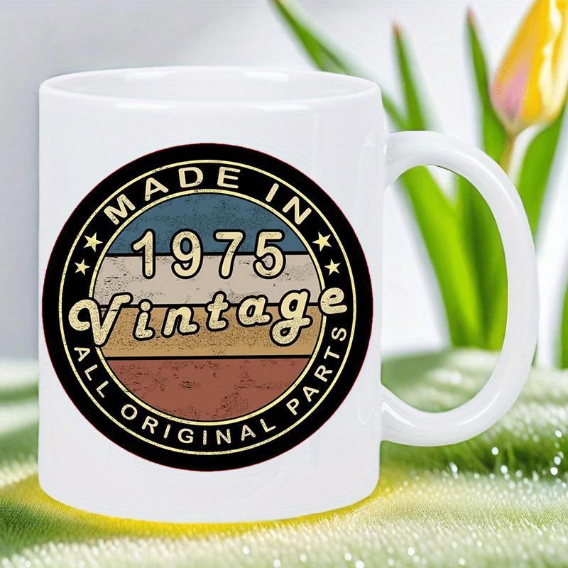 Tailorly White Ceramic 11 oz Mug - Made In 1975 Vintage All Original Parts Circular Retro Sunset With Distressed Stripes And Classic Star Borders Badge