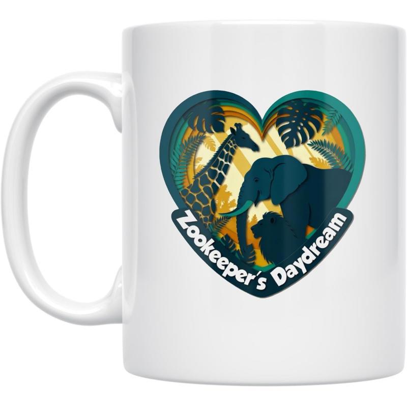 Tailorly White Ceramic 11 oz Mug - Zookeepers Daydream Tropical Jungle Wild Animals Within Heart Shaped Frame Under Golden Sunset Elephant
