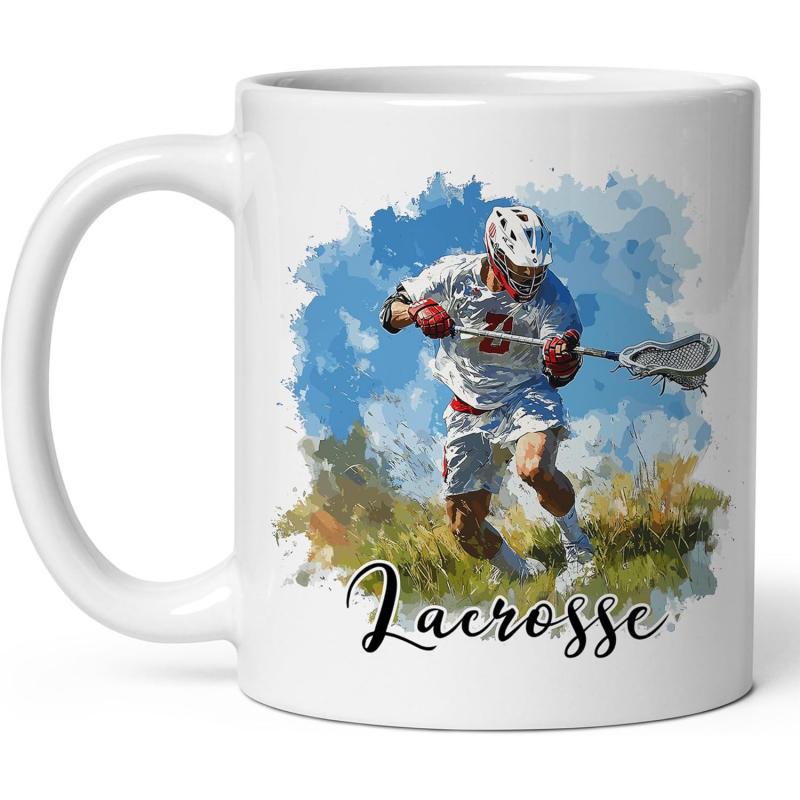 Tailorly White Ceramic 11 oz Mug - Lacrosse Dynamic Action Athlete Running With Stick In Watercolor Artistic Sports Style Player