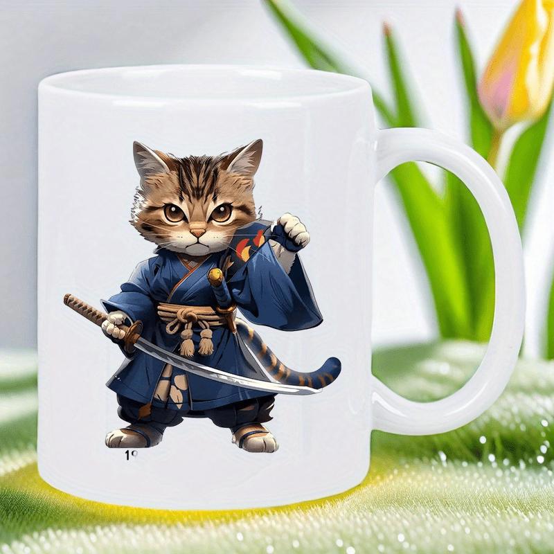 Tailorly White Ceramic 11 oz Mug - Brave Little Samurai Tabby Dressed In Blue Kimono Holding Sharp Katana Cat