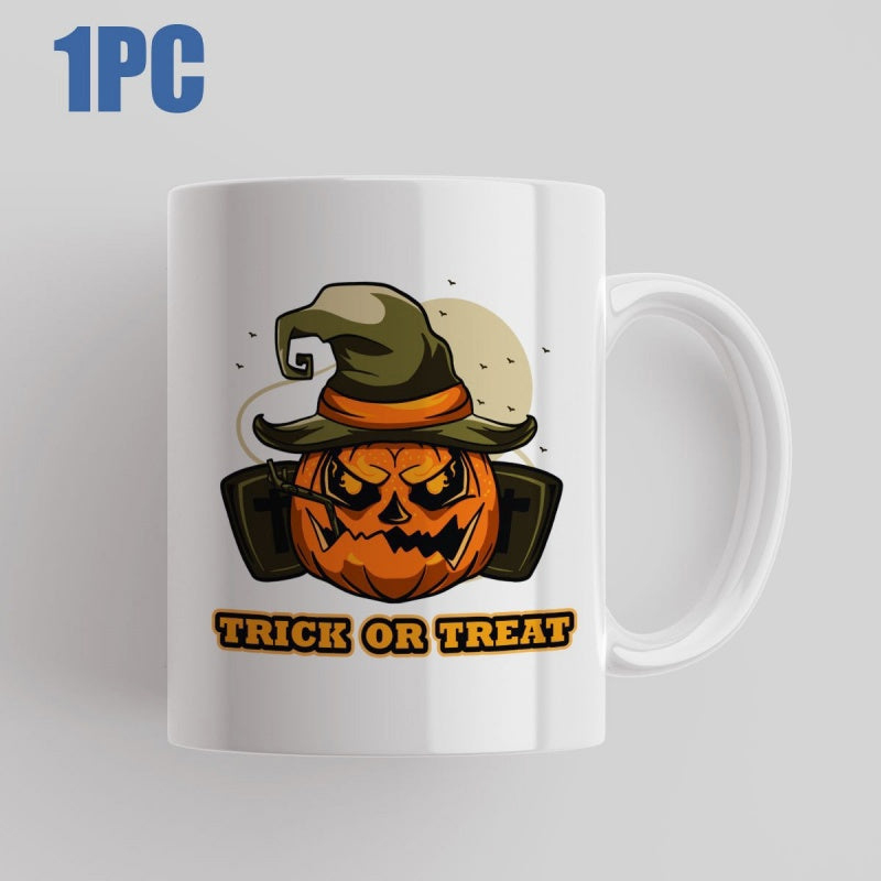 Tailorly White Ceramic 11 oz Mug - Trick Or Treat Spooky Carved Face Wearing A Tattered Green Pointed Witch Hat Pumpkin