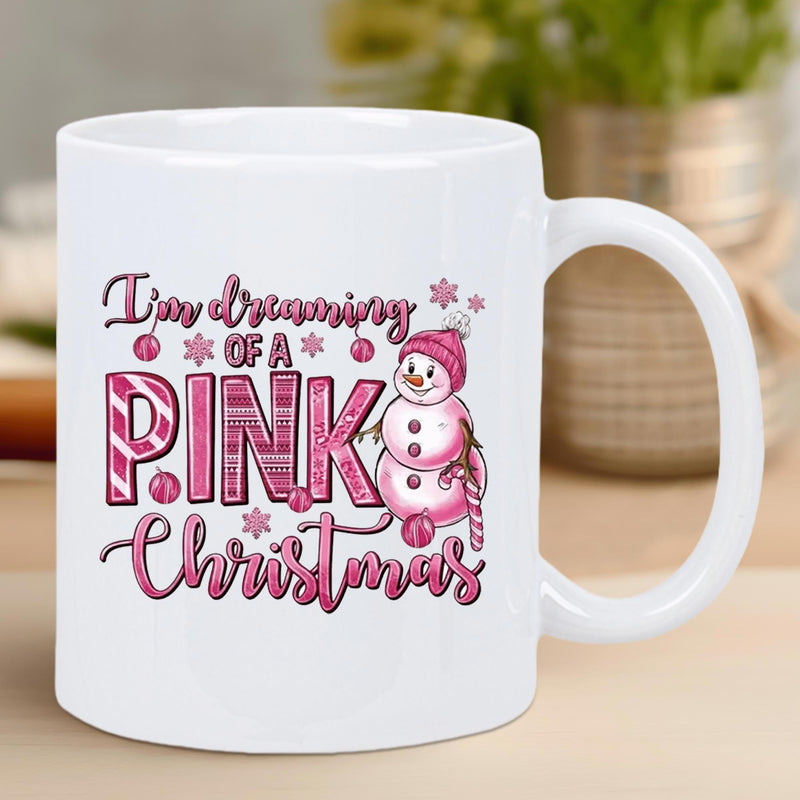 Tailorly White Ceramic 11 oz Mug - I'm Dreaming Of A Pink Christmas Festive Pink Snowman Wearing Hat Holding Candy Cane Among Snowflakes Snowman