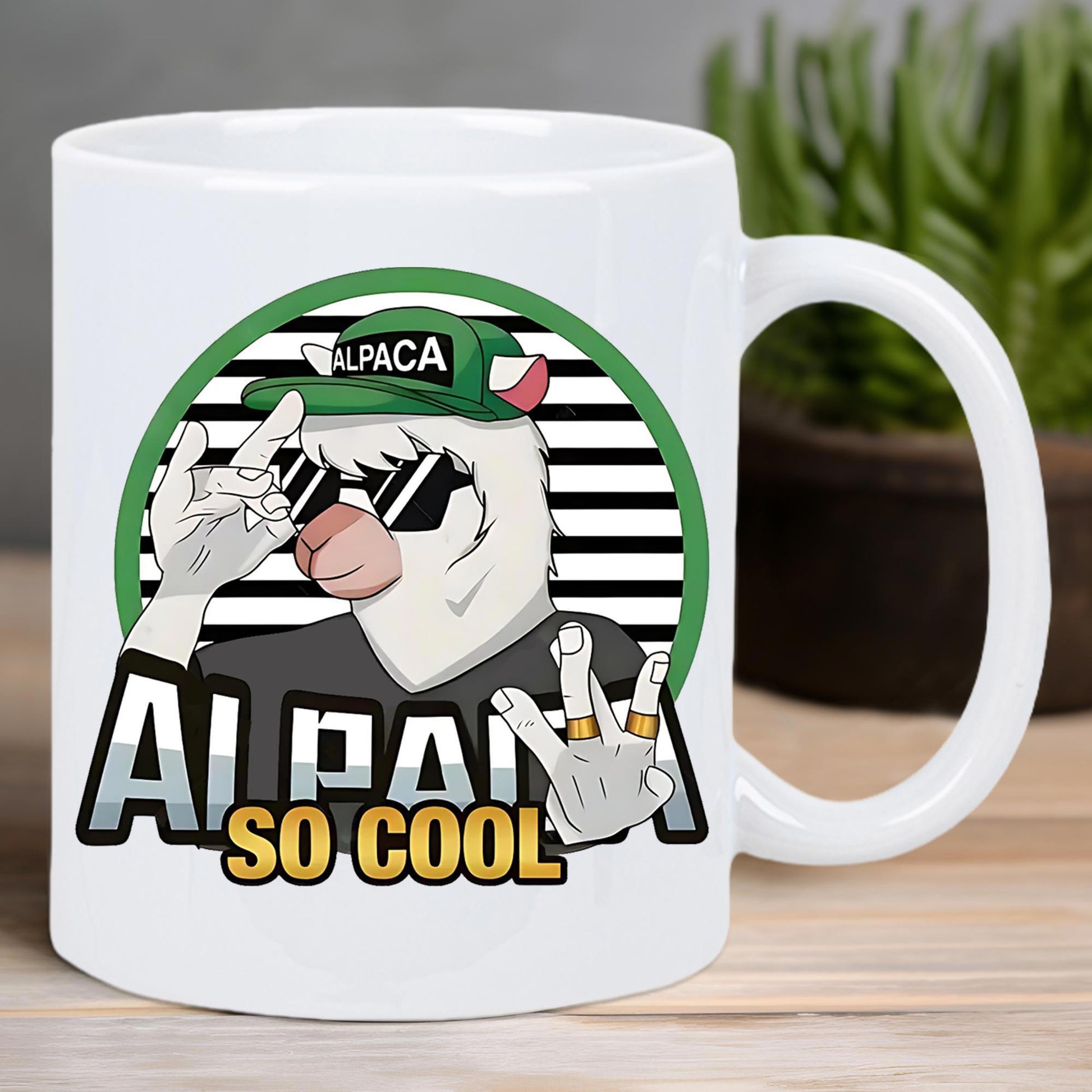 Tailorly White Ceramic 11 oz Mug - Alpaca So Cool Cartoon Stylized Llama Wearing Sunglasses And Hat In Streetwear Urban Style Alpaca