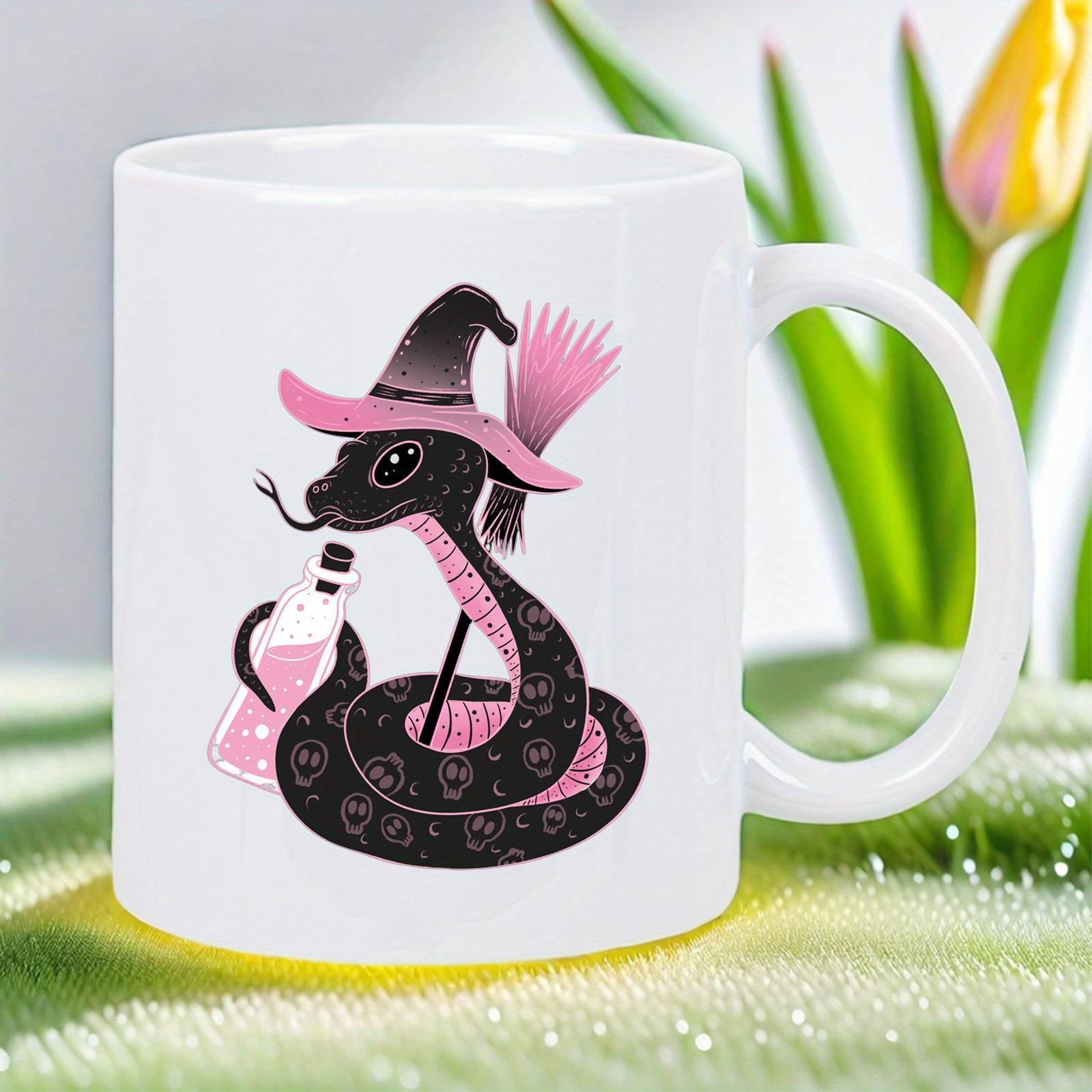 Tailorly White Ceramic 11 oz Mug - Mystical Coiled Black Reptile Wearing Pink Witch Hat And Holding Magic Potion Snake