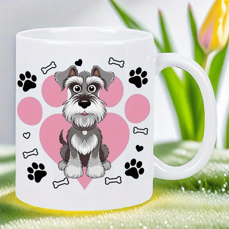 Tailorly White Ceramic 11 oz Mug - Cute Cartoon Dog Sitting Before Pink Paw Prints And Bones Schnauzer