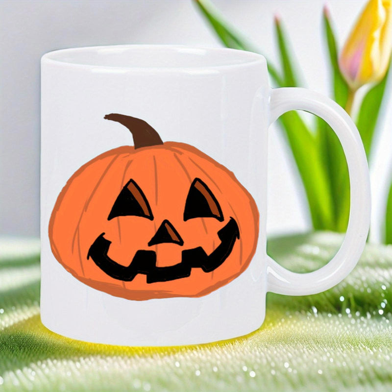Tailorly White Ceramic 11 oz Mug - Classic Halloween Jack O Lantern Smiling Under Soft Sunlight Glowing Pumpkin