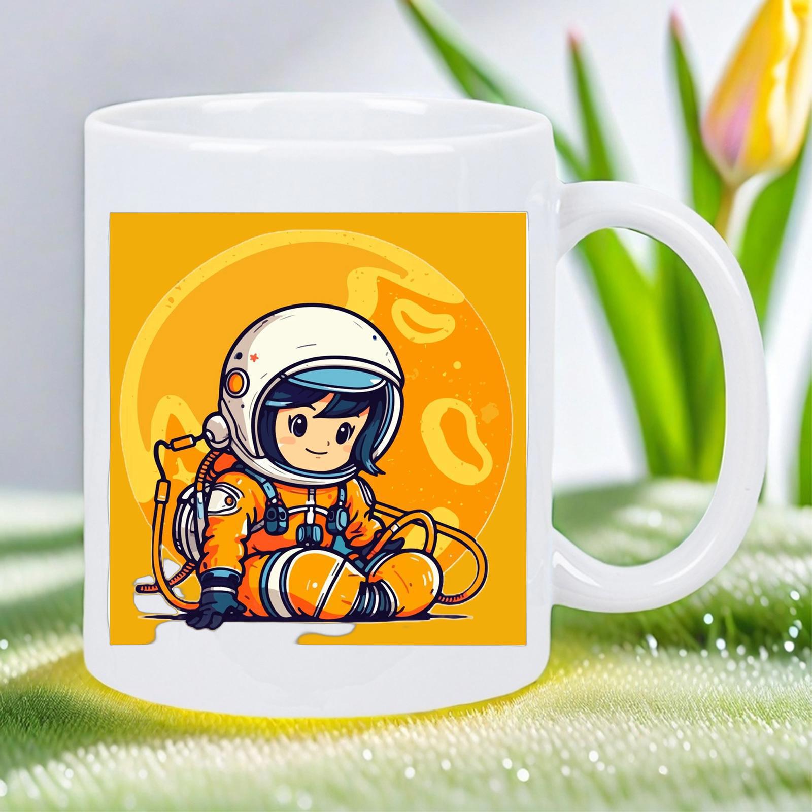 Tailorly White Ceramic 11 oz Mug - Cute Cartoon Character In Orange Space Suit Sitting Against Golden Moon Astronaut