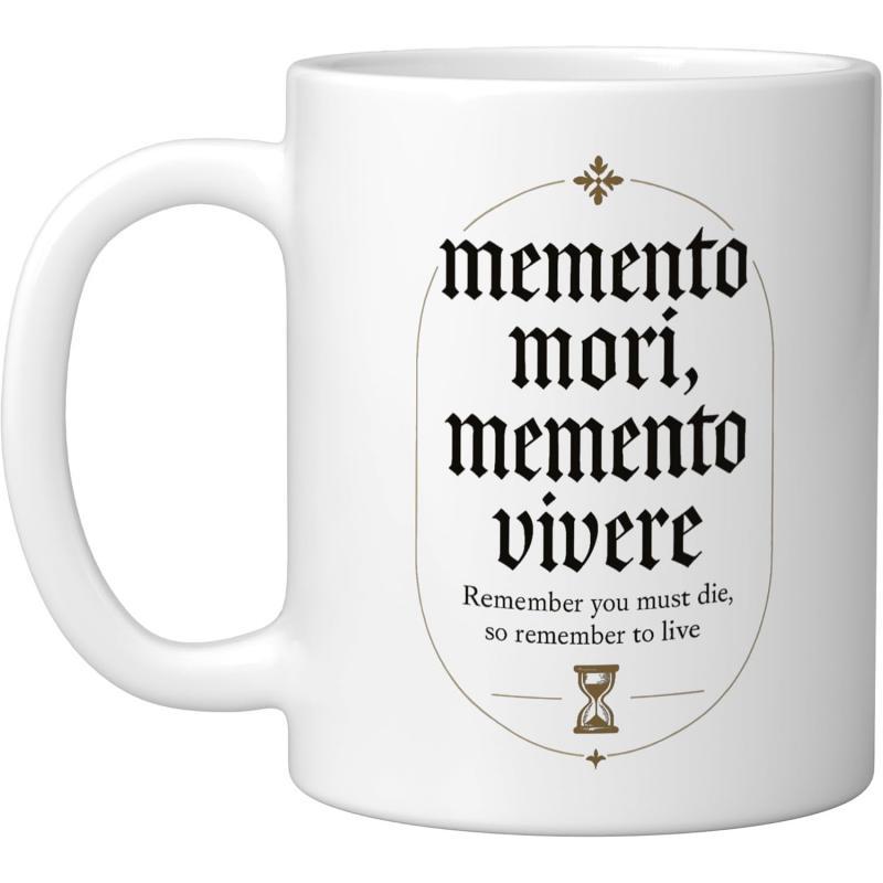 Tailorly White Ceramic 11 oz Mug - Memento Mori Memento Vivere Remember You Must Die So Remember To Live Minimalist Oval Frame Featuring Classic Hourglass Symbol