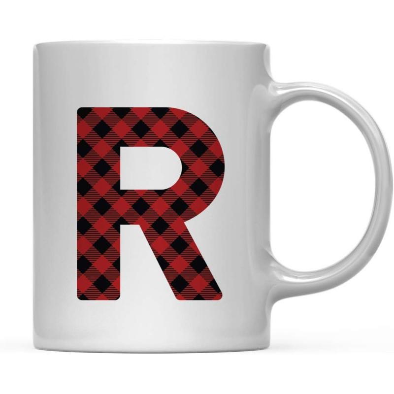 Tailorly White Ceramic 11 oz Mug - R Bold Letter With Red And Black Buffalo Plaid Pattern Mug