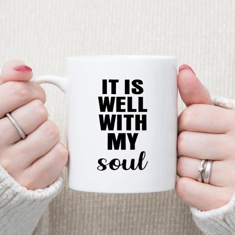 Tailorly White Ceramic 11 oz Mug - It Is Well With My Soul Minimalist White Ceramic Vessel Being Held By Two Hands Mug