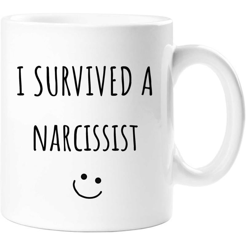 Tailorly White Ceramic 11 oz Mug - I Survived A Narcissist Simple Minimalist Black Ink Drawing Featuring A Happy Smiling Face