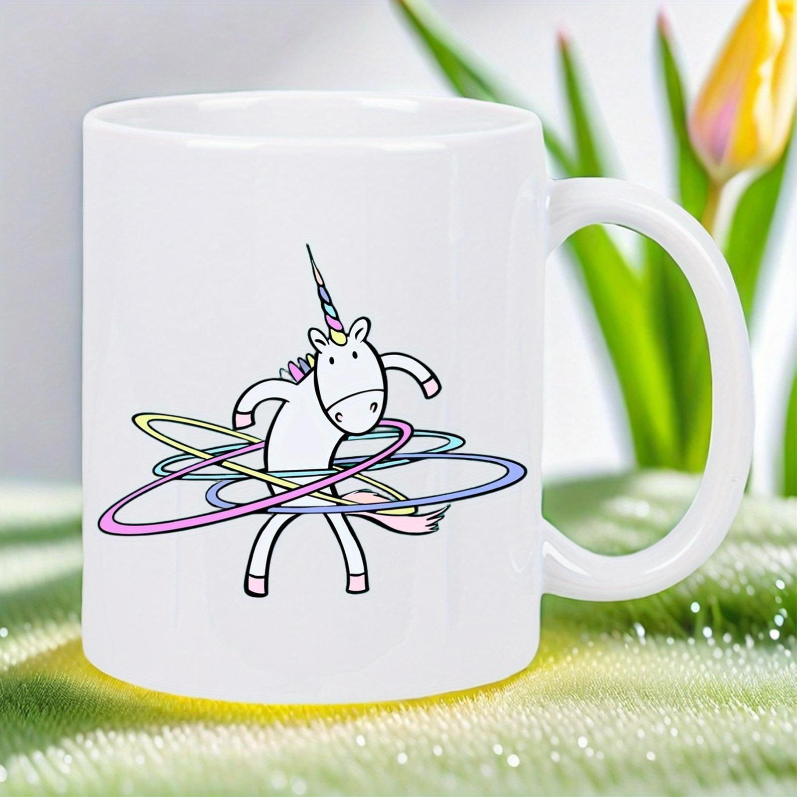 Tailorly White Ceramic 11 oz Mug - Whimsical Hand Drawn Cartoon Playing With Colorful Vibrant Hoops Unicorn