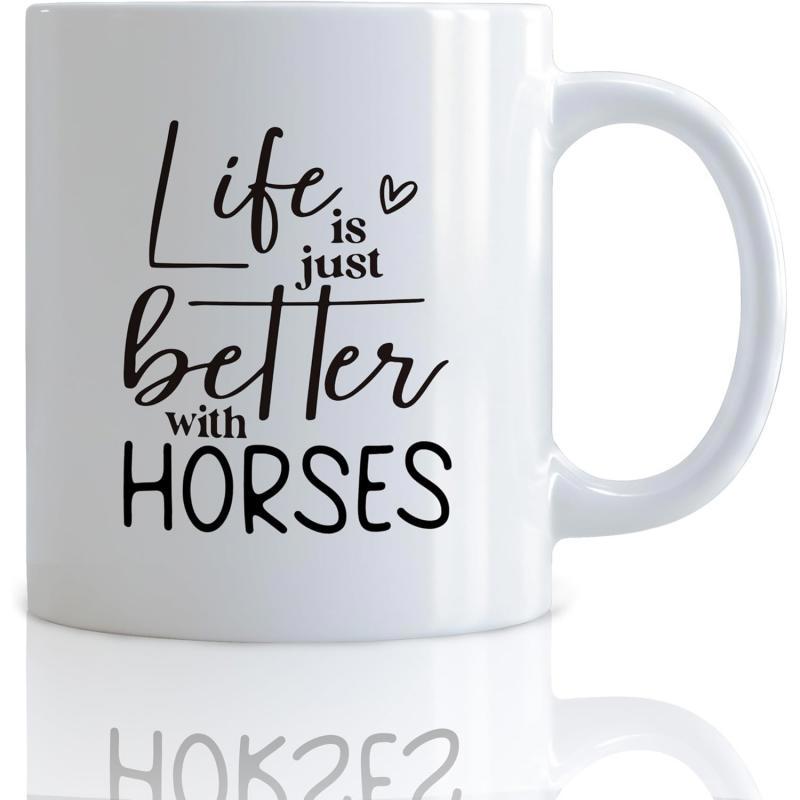 Tailorly White Ceramic 11 oz Mug - Life Is Just Better With Horses Elegant Black Cursive Lettering Featuring A Small Dainty Heart Mug