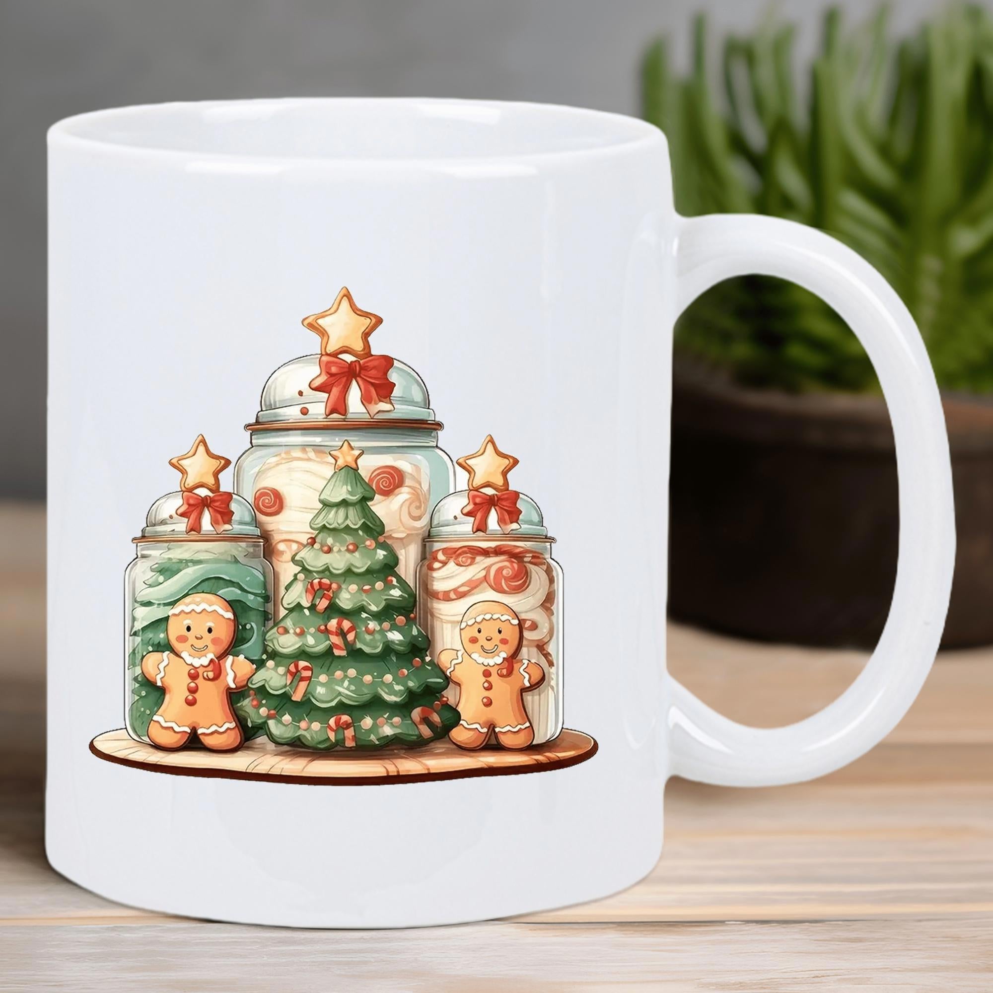 Tailorly White Ceramic 11 oz Mug - Festive Holiday Display With Sweet Gingerbread Men And Jars Surrounding A Christmas Tree