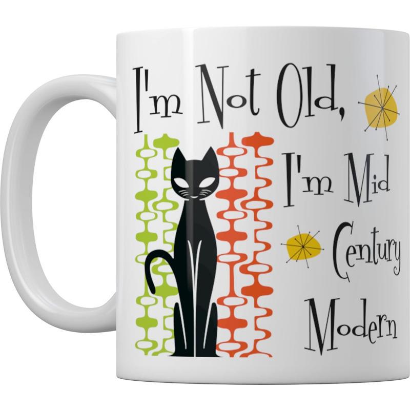 Tailorly White Ceramic 11 oz Mug - I'm Not Old I'm Mid Century Modern Retro Stylized Black Atomic Art Standing Among Geometric Shapes And Colorful Sunbursts Cat