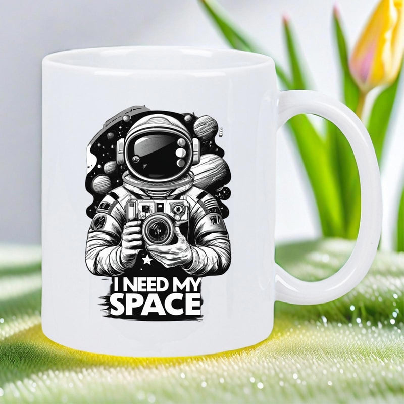 Tailorly White Ceramic 11 oz Mug - I Need My Space Detailed Galactic Explorer Holding Camera Among Distant Floating Planets Astronaut