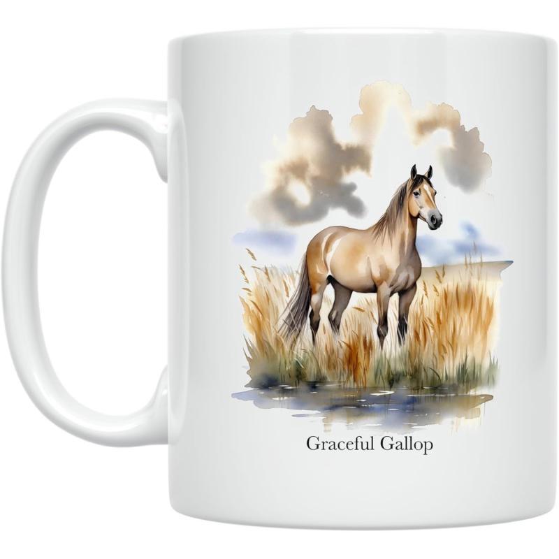 Tailorly White Ceramic 11 oz Mug - Graceful Gallop Majestic Brown Standing Amidst Tall Grass Under Soft Cloudy Sky Horse