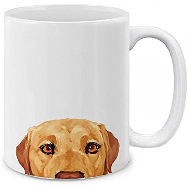 Tailorly White Ceramic 11 oz Mug - Majestic Golden Labrador Peeking With Intelligent Eyes From Below A Horizon Dog