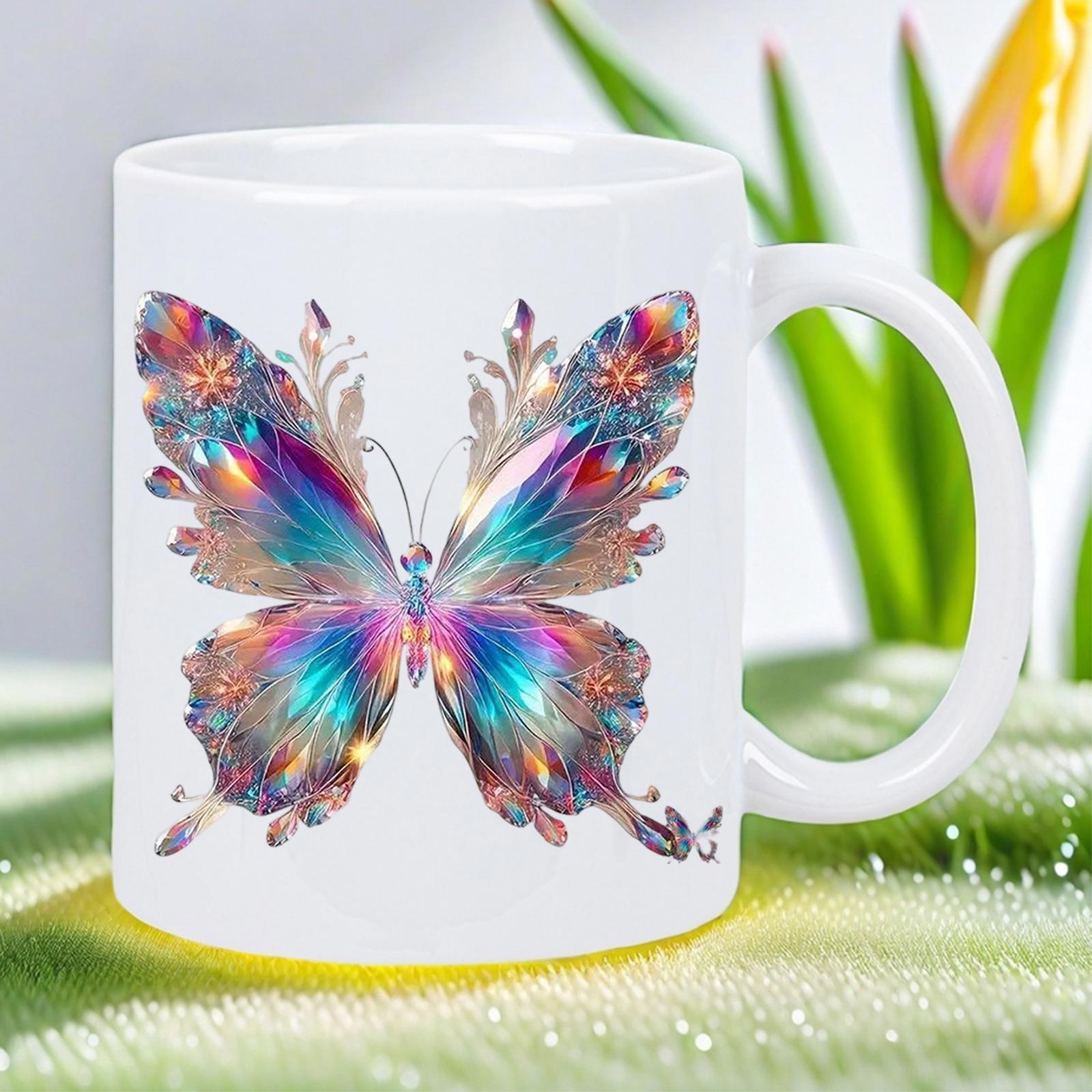 Tailorly White Ceramic 11 oz Mug - Iridescent Colorful Wings Spreading Gracefully With Artistic Crystalline Patterns Butterfly